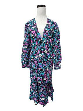 80s - 90s Laura Henson floral printed tunic long sleeve top and skirt set fits S